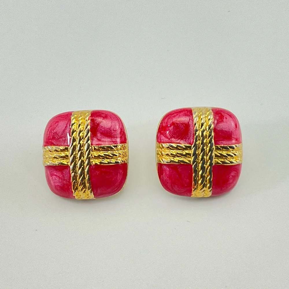Vintage Pink Enamel Earrings, Mini Gift Box Stud Earrings, Pink & Gold
